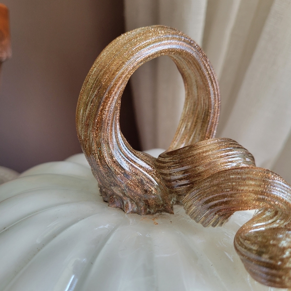 Hand Blown Glass Glossy Pumpkin: White , Gold Leaves Fall Decor Autumn - Picture 5 of 9